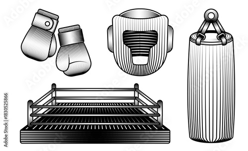 set of boxing equipment hand drawn vintage engraving illustration featuring gloves headgear punching bag and ring for fighter club design