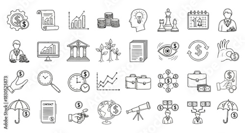 Collection of various business and finance icons including banking, investment, and economic symbols