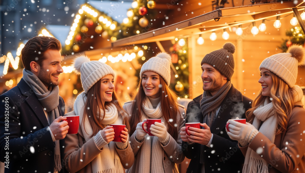 Naklejka premium Group of happy friends drinking hot beverages at a Christmas market. Young people celebrating winter holidays in the snow. Festive seasonal celebration