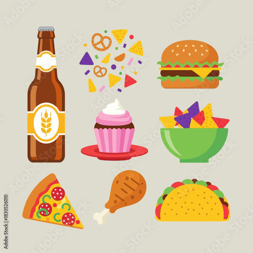 Colorful illustration of various food items including a burger, pizza, tacos, a cupcake, a bowl of fruit, a pretzel, and a beer bottle