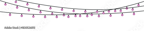 Three strands of pink string lights hanging against a white background in a decorative arrangement , glowing holiday lights garland bulbs, twinkling fairy lights glow