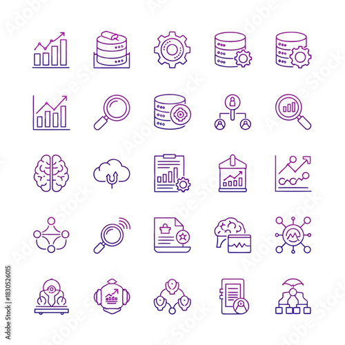 Set of icons representing data analysis, database management, cloud computing, and machine learning concepts