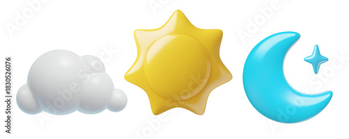 3d sun, moon and cloud icons, day and night plastic vector elements set isolated on white background.