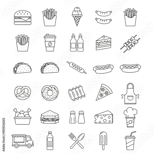 Assorted food items including burgers, fries, tacos, pizza, and desserts illustrated in a simple black and white line art style