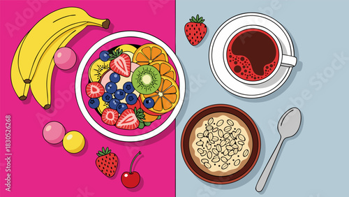 Healthy breakfast with fresh fruits and coffee, vibrant overhead shot of nutritious food and beverages on a split background
