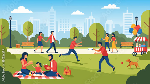 Happy people and families relaxing and having fun outdoors in a beautiful green city park during summertime