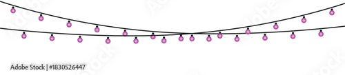 Two strands of pink string lights hanging against a white background decoration for parties and events , glowing holiday lights garland bulbs, twinkling fairy lights glow