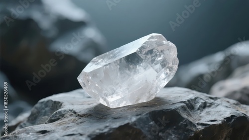 A transparent crystal rests on rocks, with light and shadow reflecting its clear texture, presenting a crisp aesthetic atmosphere of natural minerals.
