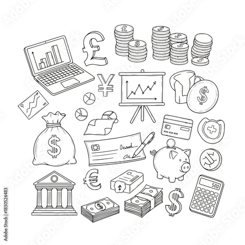Collection of financial and business icons including money, bank, laptop, and graphs isolated on