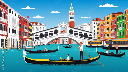 Captivating Venice Canal Scene Gondolas Glide Under Rialto Bridge in Vibrant Vector Illustration