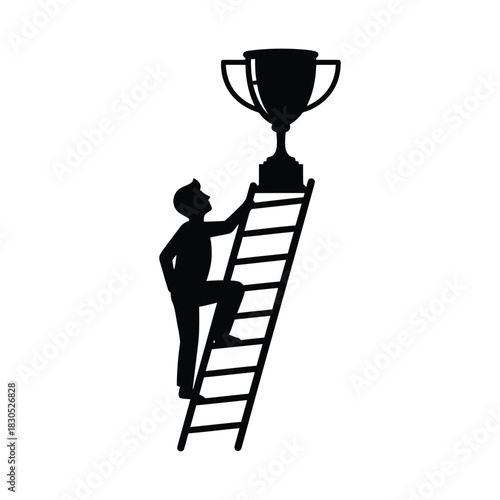 Man climbing ladder to reach trophy success vector icon, Person on ladder reaching for a trophy symbol