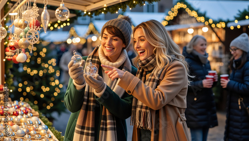 Two happy women shopping for ornaments at a festive Christmas market. Cheerful friends choosing holiday decorations at an outdoor stall at night