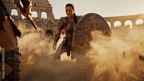 Roman gladiator woman in traditional armor with shield in ancient amphitheater arena