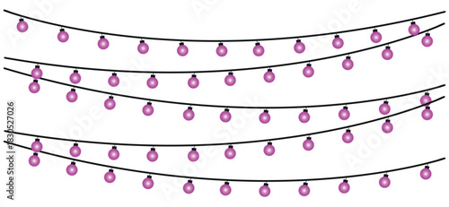 Illustration of four strands of pink string lights hanging against a white background in a pattern , glowing holiday lights garland bulbs, twinkling fairy lights glow