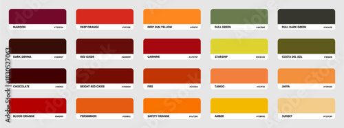 Premium Colour Guide with Colour codes and Colour Names in Orange Shades - Colour Combination Palette - Colour Contrast - Red Shades, Orange Shades - 3.eps