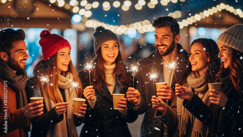 Group of happy friends with sparklers celebrating Christmas and New Year. Young people having fun at a winter festival at night