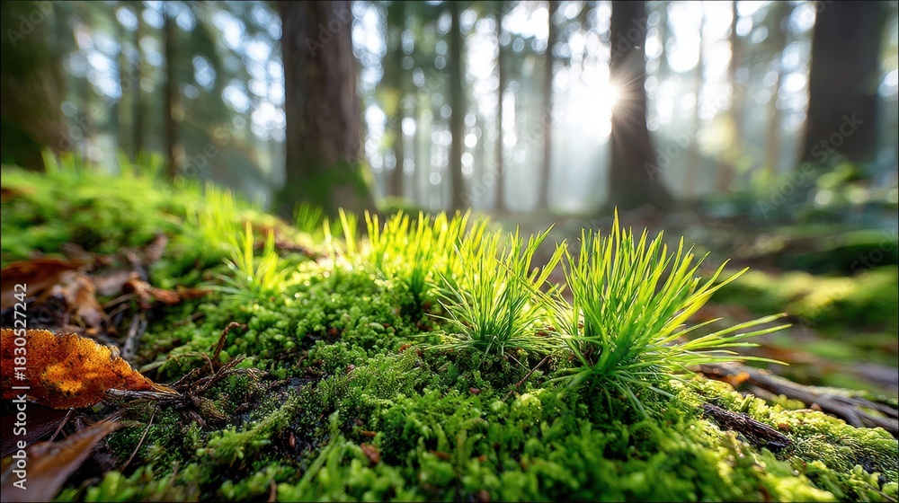 Fototapeta premium Lush Green Moss and Grass Growing in a Forest with Sunlight Streaming Through the Trees Creating a Peaceful and Natural Outdoor Scenery