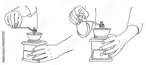 手回しコーヒーミルで豆を挽く手（手挽き）,コーヒー準備,ハンドグラインダー,レトロ,カフェ,シンプル,ベクター,線画