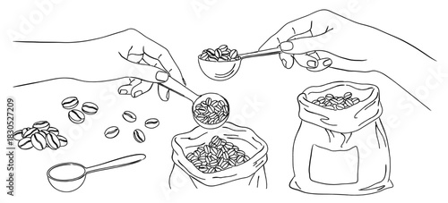 コーヒー豆計量シーンセット（スプーン・袋）,豆,手淹れ,焙煎,カフェ,バリスタ,シンプル,ベクター,線画