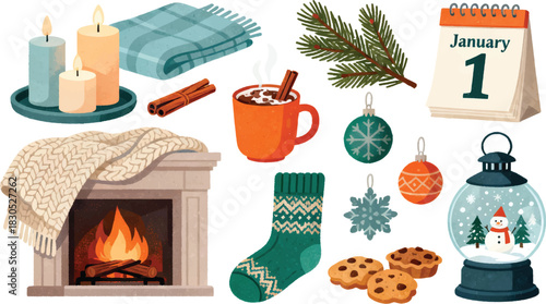 Cozy Winter New Year Home Elements, Candles, Hot Drinks, Fireplace Decor, Textured Vector Illustration Set