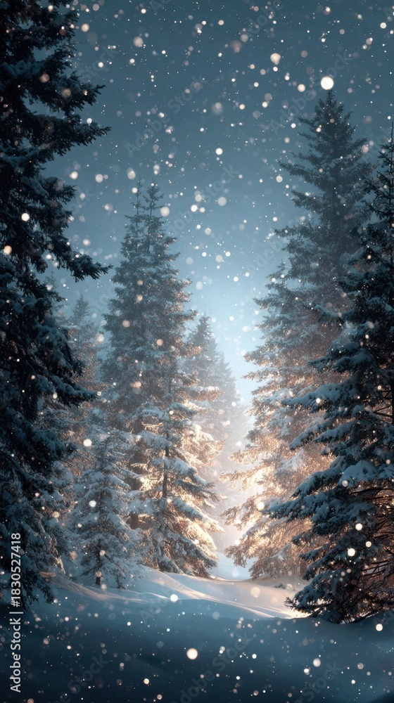 Naklejka premium Snowy Winter Forest With Pine Trees And Falling Snowflakes For Christmas Holiday Season And Winter Scenery Backgrounds And Seasonal Greetings