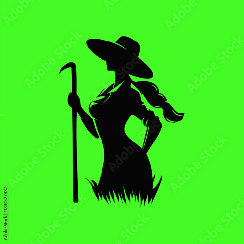 Silhouette of Woman Farmer with Hat and Staff. Bold black silhouette of a woman farmer holding a staff, wearing a wide hat and standing in grass against a bright green background. 