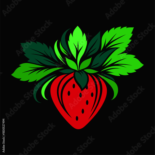 Vibrant Strawberry with Lush Green Leaves Illustration. Colorful vector illustration of a bright red strawberry with bold green leaves on a black background, giving a fresh, modern, and eye-catching 

