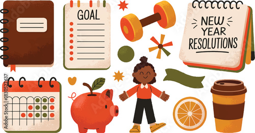 New Year Resolutions Planner Elements, Goals, Fitness, Finance Icons, Textured Vector Illustration Set