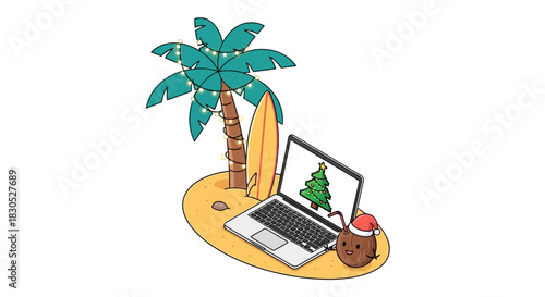 Festive tropical Christmas getaway with vibrant palm tree, laptop, surfboard, and coconut character celebrating holiday season