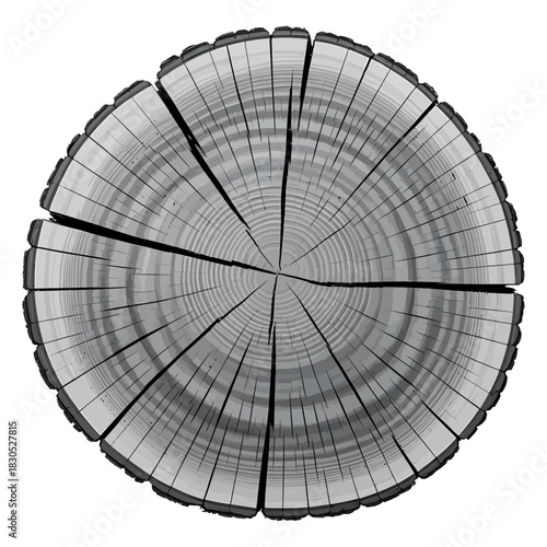 Grayscale cross-section of weathered tree trunk with growth rings