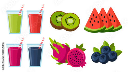Vibrant fruit drinks and fresh fruits healthy lifestyle icons