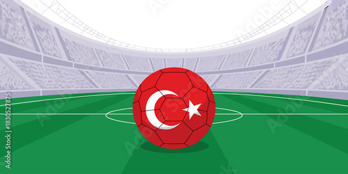 Turkish flag soccer ball on green football field inside stadium