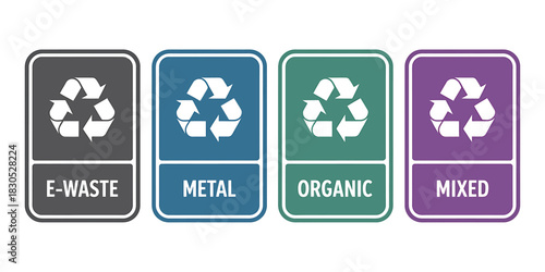 Recycling waste labels: e-waste, metal, organic, mixed trash sorting