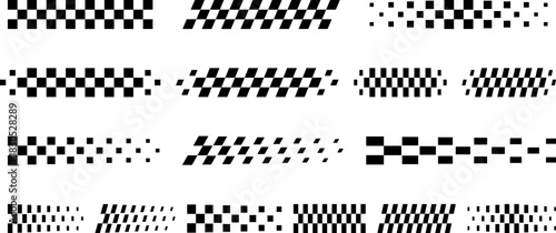 A collection of racing-inspired checkered stripe patterns designed in clean black and white for speed, motorsport, and competition visuals. racing checkered pattern. Racing stripe design.