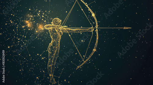 Sagittarius zodiac constellation in minimal line art style, thin golden lines forming archer shape on dark background, modern mystical astrology design with celestial elements and copy space for text