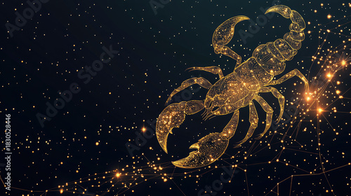 Scorpio zodiac constellation in minimal line art style, thin golden lines forming scorpion shape on dark background, modern mystical astrology design with celestial elements and copy space for text