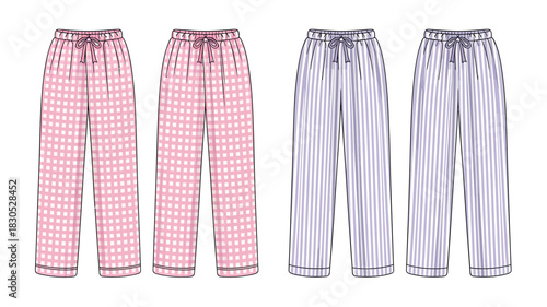 Pajama pants fashion flat illustration with gingham and stripes