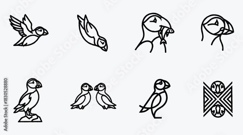 Charming puffin icon set in line style on white background