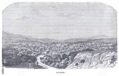 Panoramic engraving of Sarajevo from Bembasa, showcasing a dense cityscape nestled in a valley, with a river winding through, dotted with numerous minarets and bridges, all framed by surrounding hills