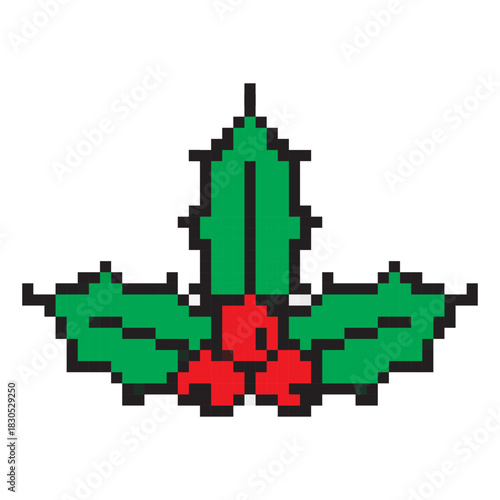Pixel Christmas holly icon vector illustration