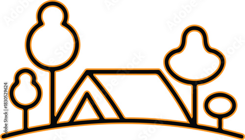 Minimalist line art camping tent surrounded by trees