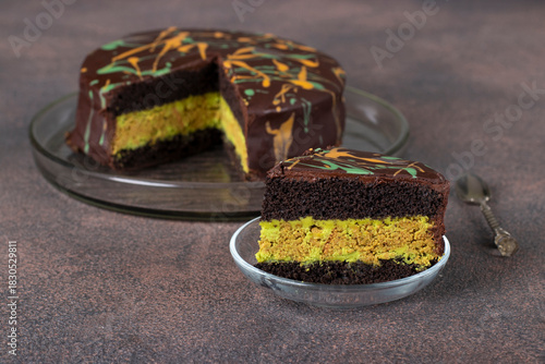 Photography Dubai chocolate cake with layered pistachio filling