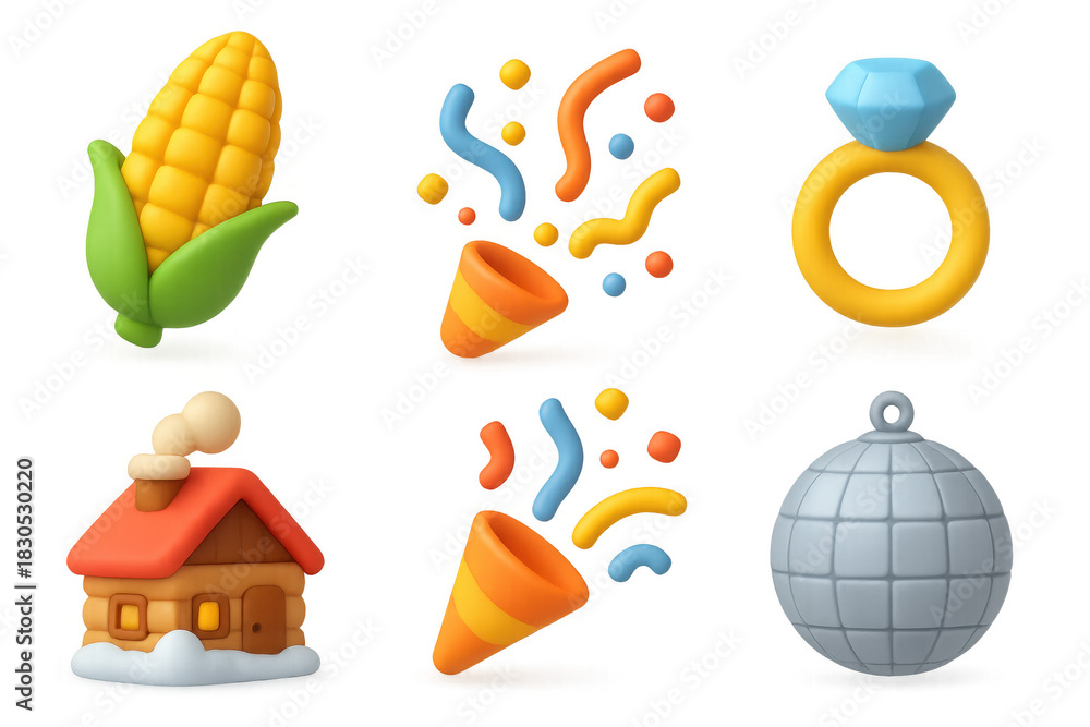 Fototapeta premium Vibrant icon set featuring corn, wedding ring, party confetti, cottage, and disco ball for digital designs