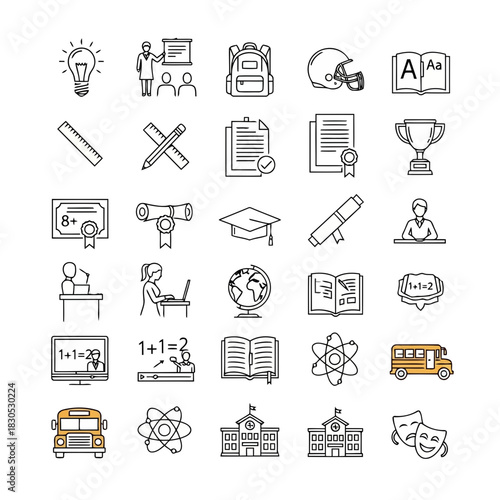 Set of educational icons including books, graduation caps, pencils, and school buses on