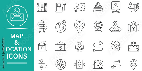 Maps and Location line icon set. Set of 24 navigation, GPS, geography, direction, travel etc. Editable stroke. Vector symbol.