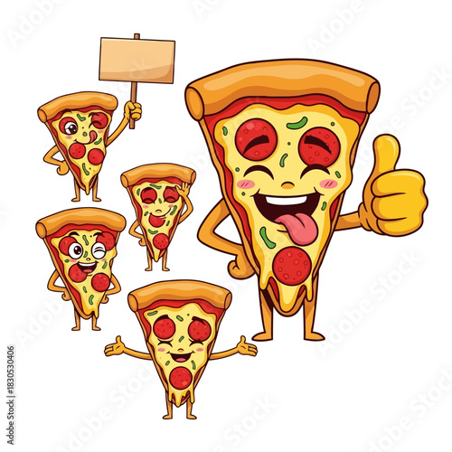Funny cartoon pizza characters with expressive faces and different poses isolated on