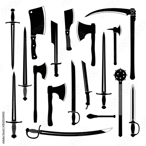 Collection of medieval weapons including swords, axes, daggers, and maces, depicted in black and white silhouette style