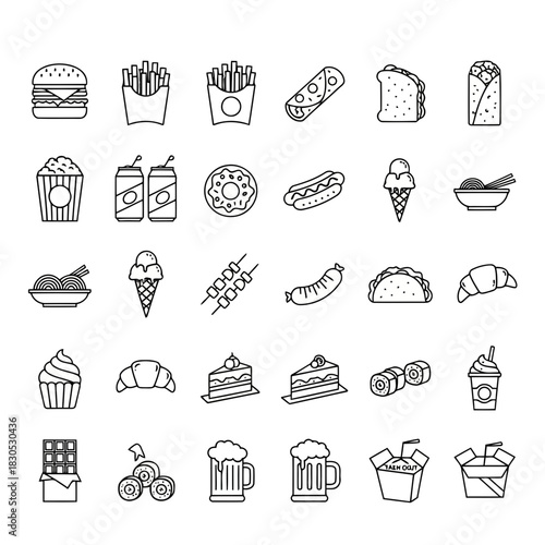 Assorted food items including burgers, fries, pizza, tacos, and desserts in a simple line art style