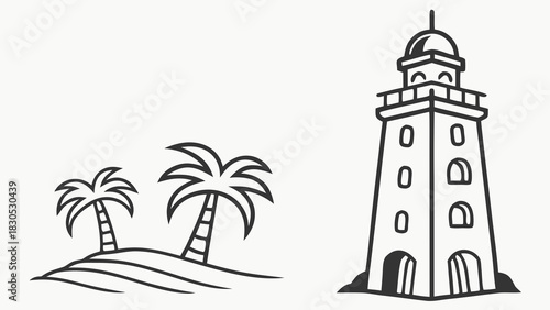Lighthouse silhouette vector illustration of a stone beacon on the coast, guiding travel across the sea and ocean