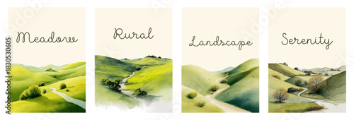 Watercolor illustrations of spring meadows with green meadows, distant hills. Landscapes of green fields. Perfect backgrounds for cards for seasonal projects and nature themes.